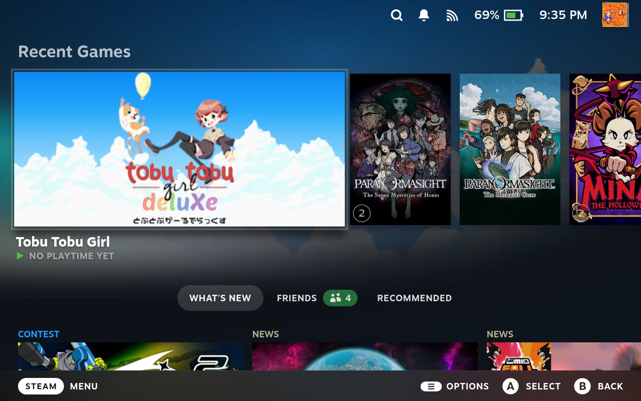 Steam's home screen. A game added from a ROM sits first under Recent Games
with its own wide artwork, beside games bought from
Steam.
