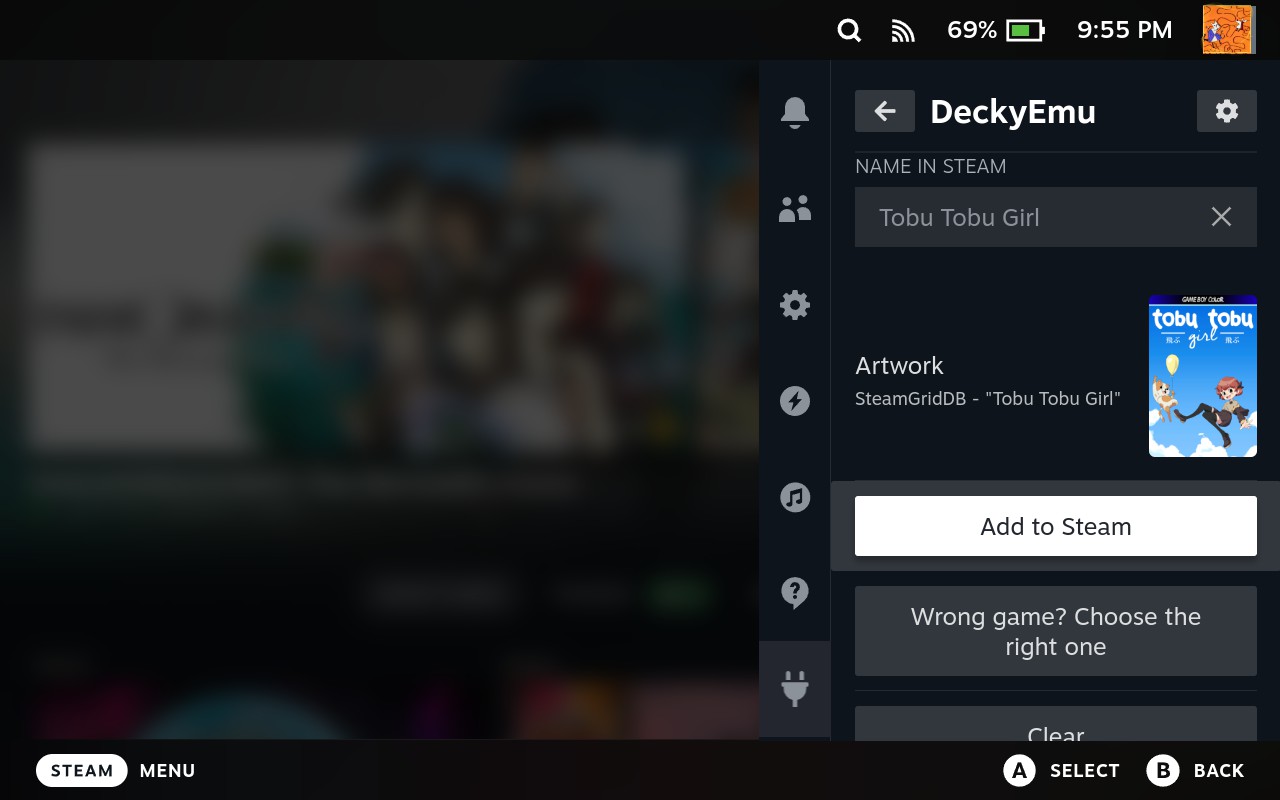 The Quick Access panel in Game Mode, showing a ROM identified as Tobu Tobu
Girl with its boxart, one press from being added to
Steam.
