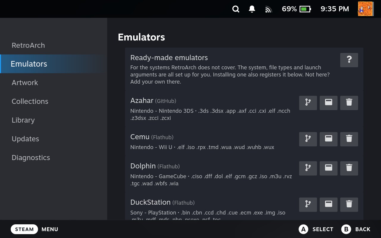 The Emulators tab in the settings page, listing Azahar, Cemu, Dolphin and
DuckStation with the system and file types each one
handles.