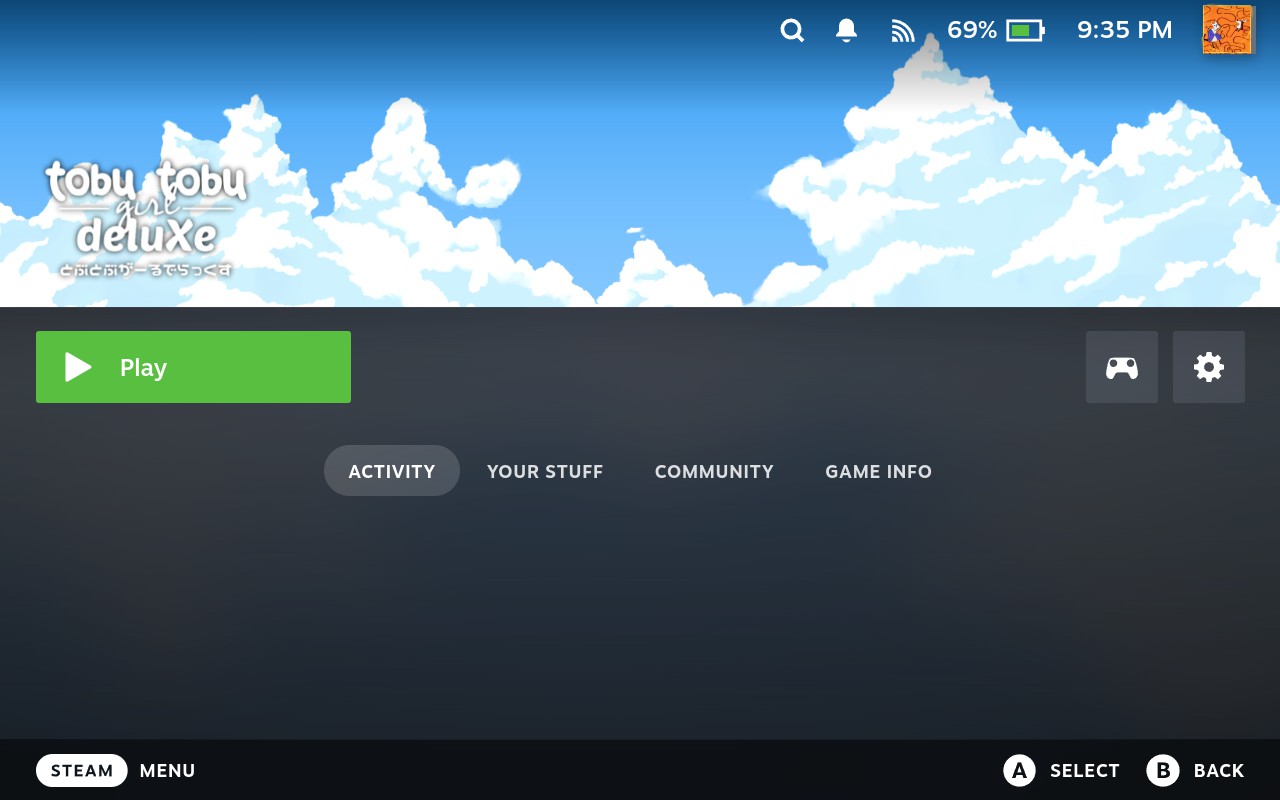 A game added from a ROM, open on its own page in the Steam library, with hero
artwork, a logo and a Play button.