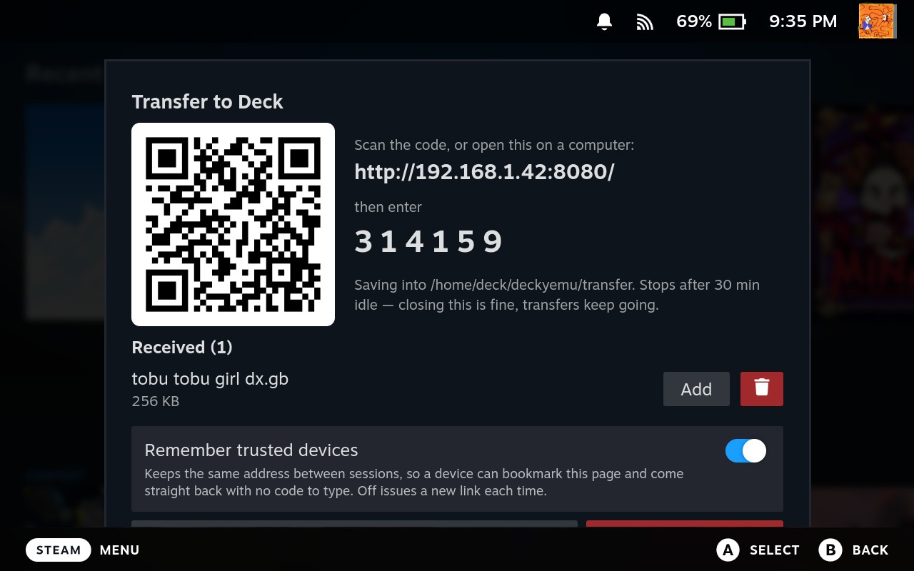 The transfer dialog in Game Mode: a QR code beside a short address and a
six-digit code, with a received Game Boy ROM listed underneath and an Add button
next to it.